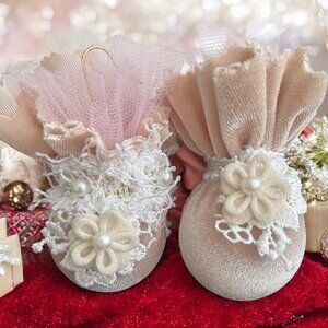 HAND CRAFTED Pair of Small Champagne Velvet Holiday Tree Ornaments